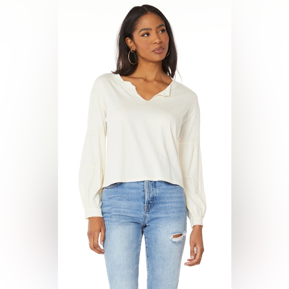 NEW Bobi Shirred Sleeve Detail Split Neck Tee